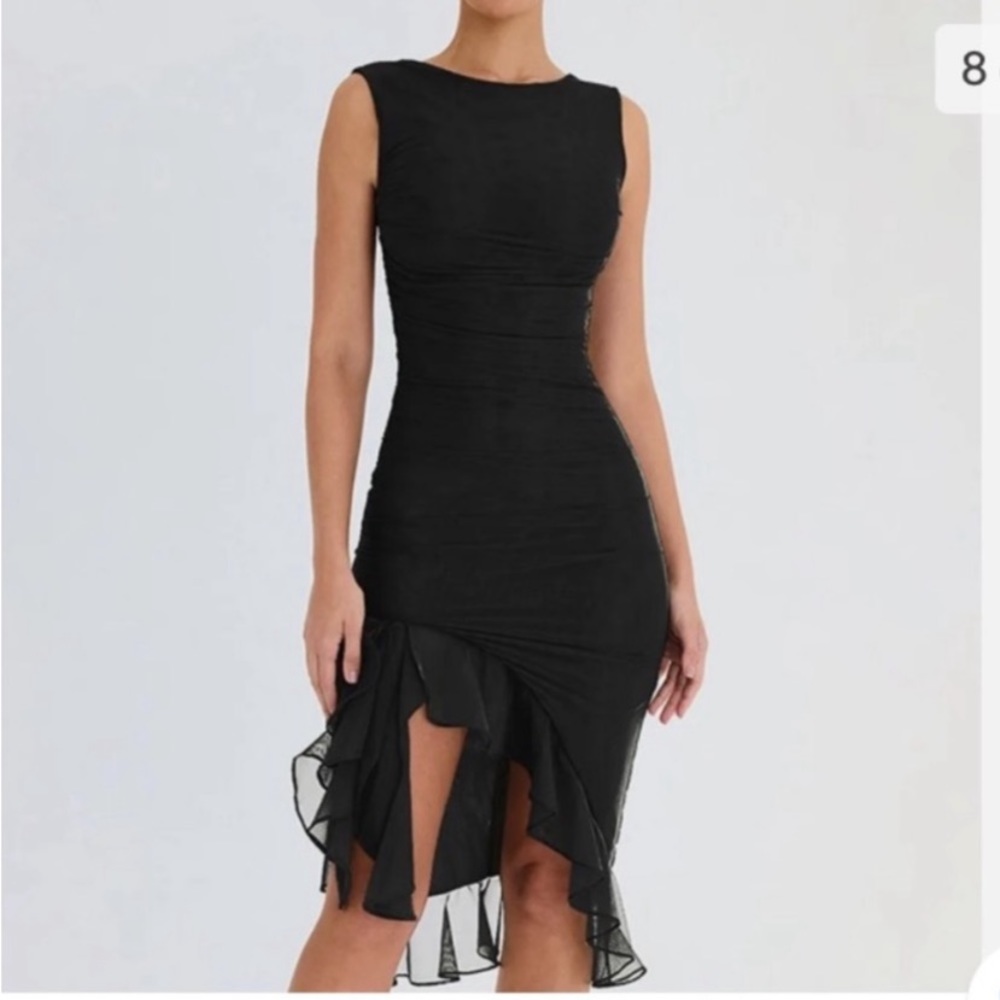 BLACK ASYMMETRICAL RUFFLE HEM RUCHED DRESS - Picture 2 of 12